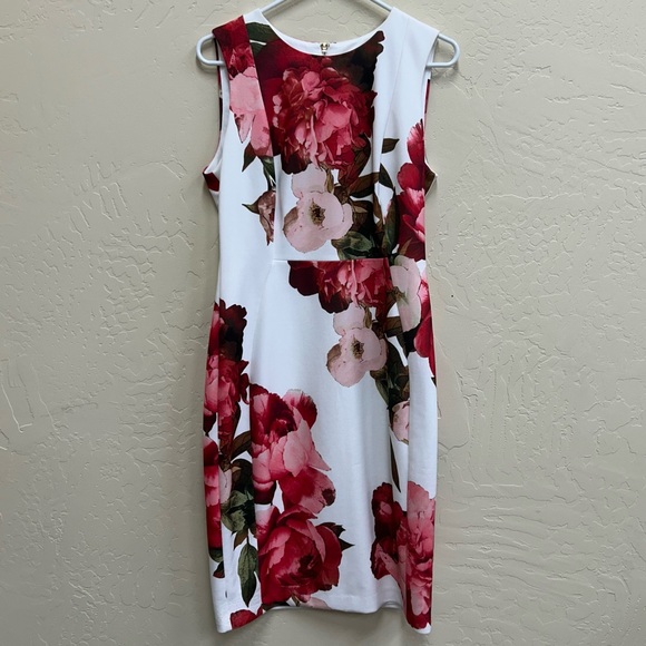 Calvin Klein White and Red Floral Midi Sheath Dress    Sleeveless        Size 10 - Picture 2 of 6